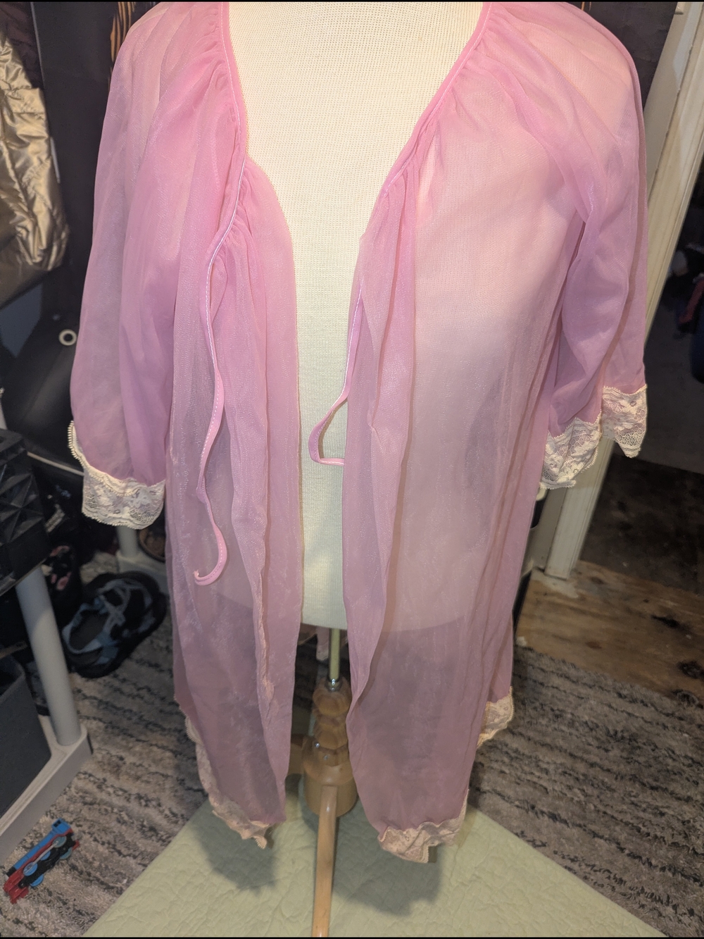 Sheer Lace-Trim Pink Robe for Lounge and Sleep